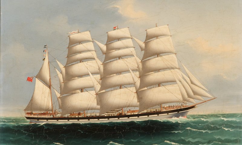 An oil painting of a sailing vessel of around a hundred years ago. The ship is large, with three separate sailed main masts and is sailing through choppy waters.