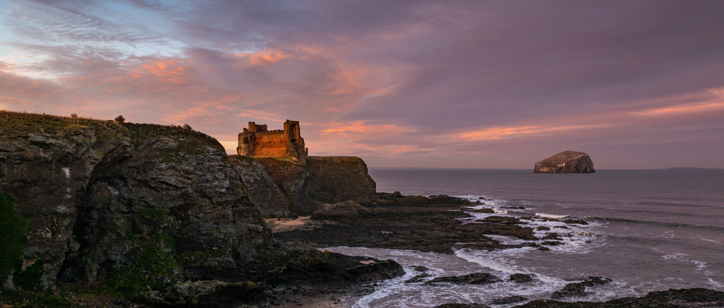 A leafy cliff face, Tantallon Castle and Bass Rock at sunset.