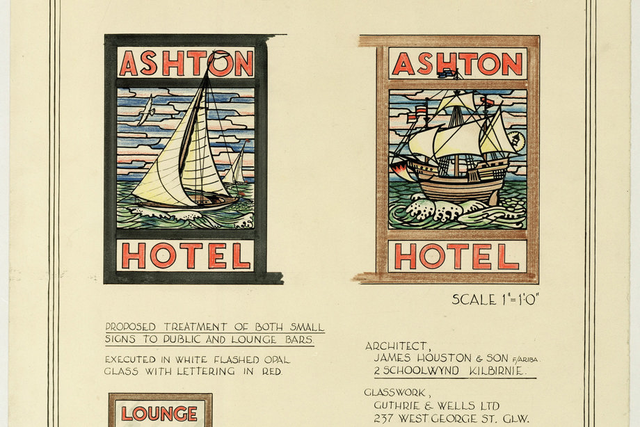 Designs and details showing illuminated signage for the Ashton Hotel