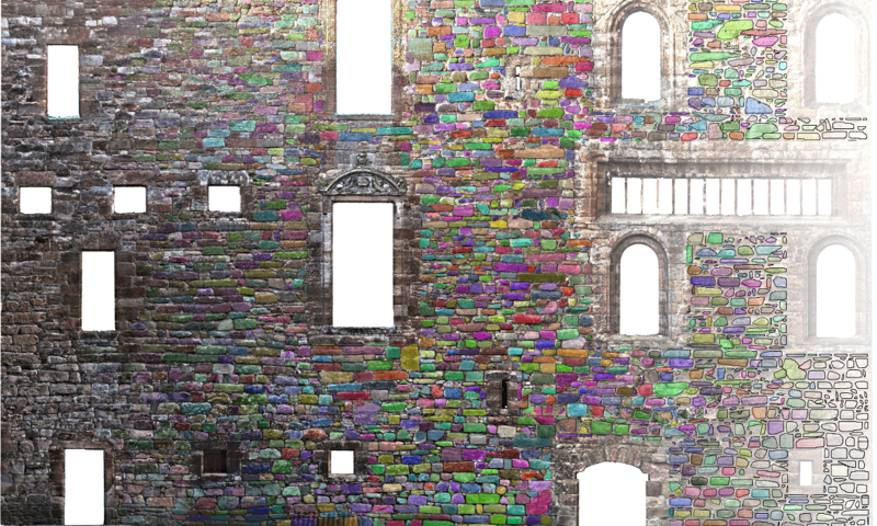 Image is a computer model of a large brick wall, with white spaces where windows would be. The bricks are displayed as different colours depending on their state of age and wear.