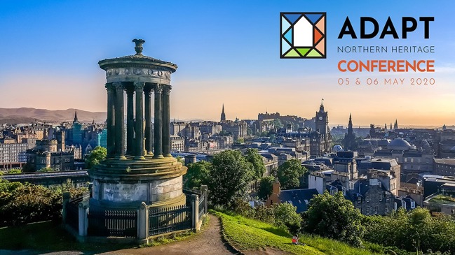 A poster for a climate change conference. The image is the Edinburgh skyline with many old, historical buildings, seen on a dry sunny day.