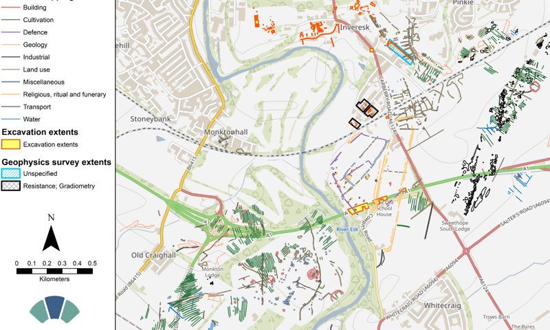 A map of a settlement with many coloured lines and sections related to archaeological work that has been conducted in the area.